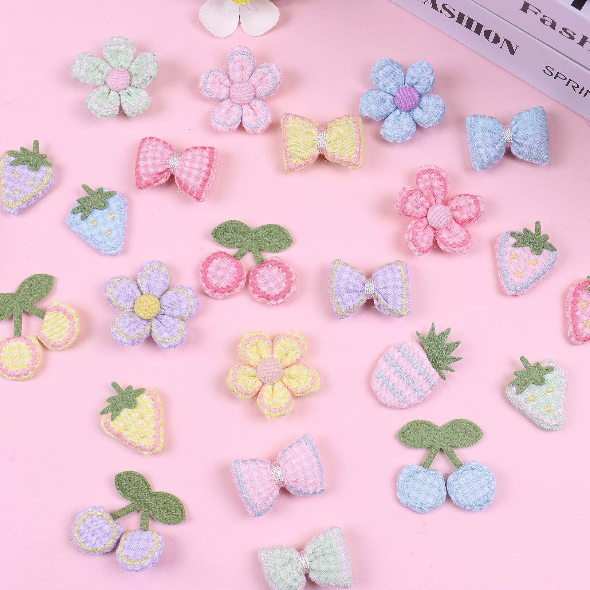 Ткань в клетку с вышивкой из пяти лепестков вишня клубника DIY аксессуары для волос аксессуары для одежды в наличии милые аксессуары для одежды