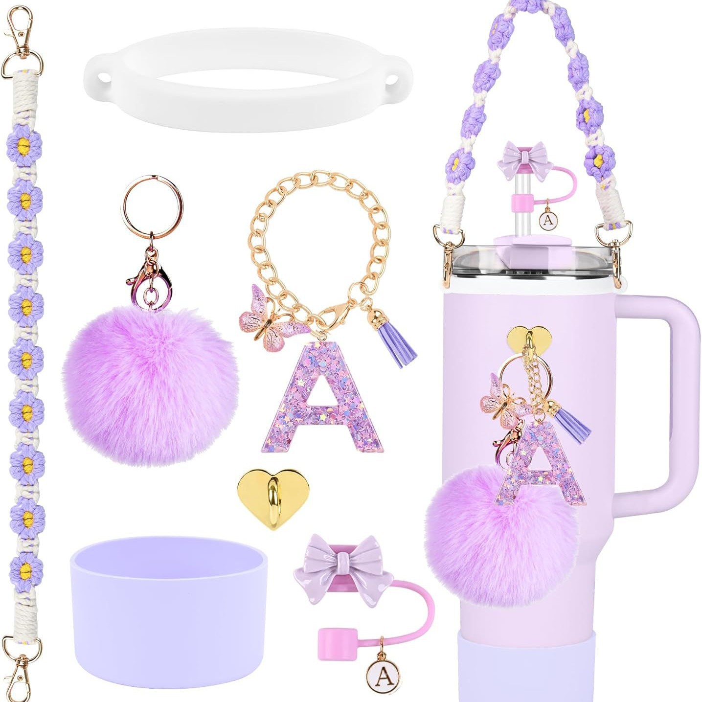 Hot Sale Stanley Cup Accessories suit 10mm Straw Top Cover Letter Butterfly Cup Chain Fur Ball Silicone Cup Cover