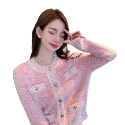 High-quality faux mink cashmere lightweight knitted sweater with soft and feminine style, beautiful pink chiffon, regular size