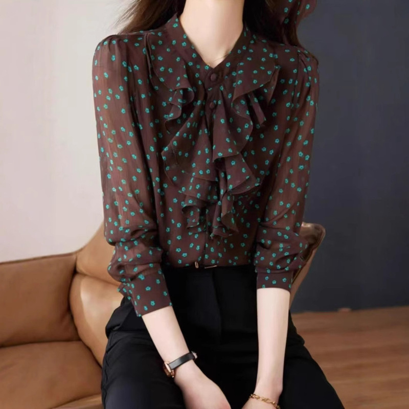 Spring New Women's Lotus Leaf Lacquer Long-sleeved Polo Dot Floret Shirt Fashionable Thin Age-reducing Top All-match Small Shirt