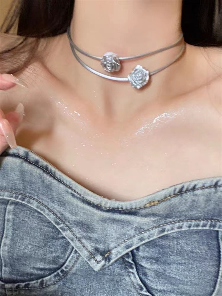 Zilvergrijze roze dubbellaagse nis, lief en cool pittig meisjessleutelbeen choker halsketting, trendy_voghion.com