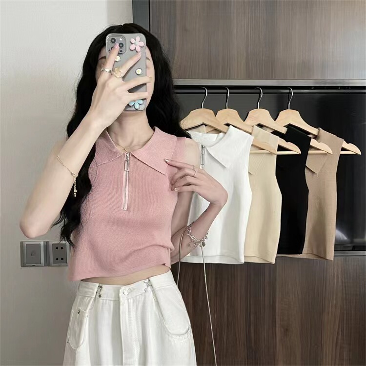 In Stock Pure Desire Knitted Cotton POLO Lapel Zipper Half Open Chest Ultra Short Navel Sleeveless Vest Top Women's Summer In Stock Pure Desire Knitted Cotton POLO Lapel Zipper Half Open Chest Ultra Short Navel Sleeveless Vest Top Women's Summer