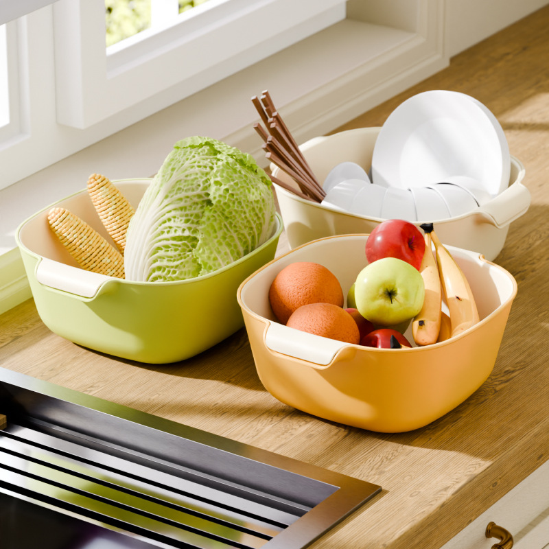 Double-layer Vegetable Washing Basin Draining Basket Fruit Plate Living Room Household Kitchen Washing Fruit Basket Amoy Vegetable Basket Artifact