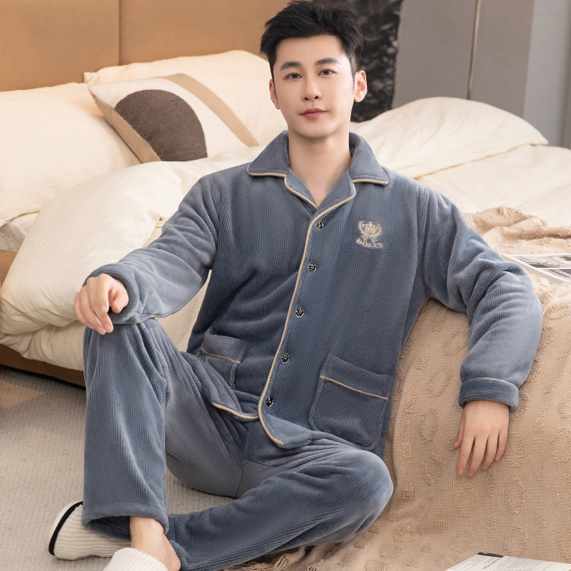 남성 잠옷 산호 벨벳 플러스 벨벳 두꺼운 플란넬 새로운 대형 따뜻한 가정 복장 남성 가을, 겨울