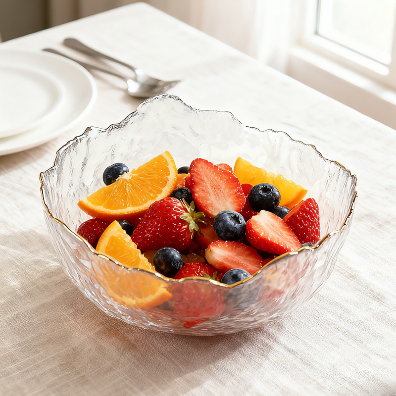 Salad Bowl, Fruit Plate, Home Living Room Coffee Table, Irregular Gold-Rimmed Glass Bowl, Light Luxury Plate, Snack Set, Tableware