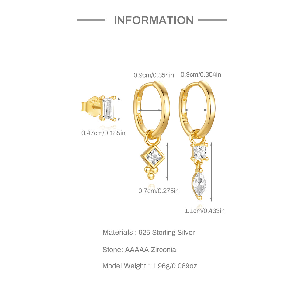 5g Weight 925 Sterling Silver Ear Needle Material Zircon Inlay Material Earrings Classification 3 Pieces Set Quantity Daily, Street Occasion 925 Sterling Silver Material Geometric Pattern Women's Gender Inlay Design Simple Style, Shiny Style 3 Pieces Set 925 Sterling Silver Zircon Geometric Earrings 无
