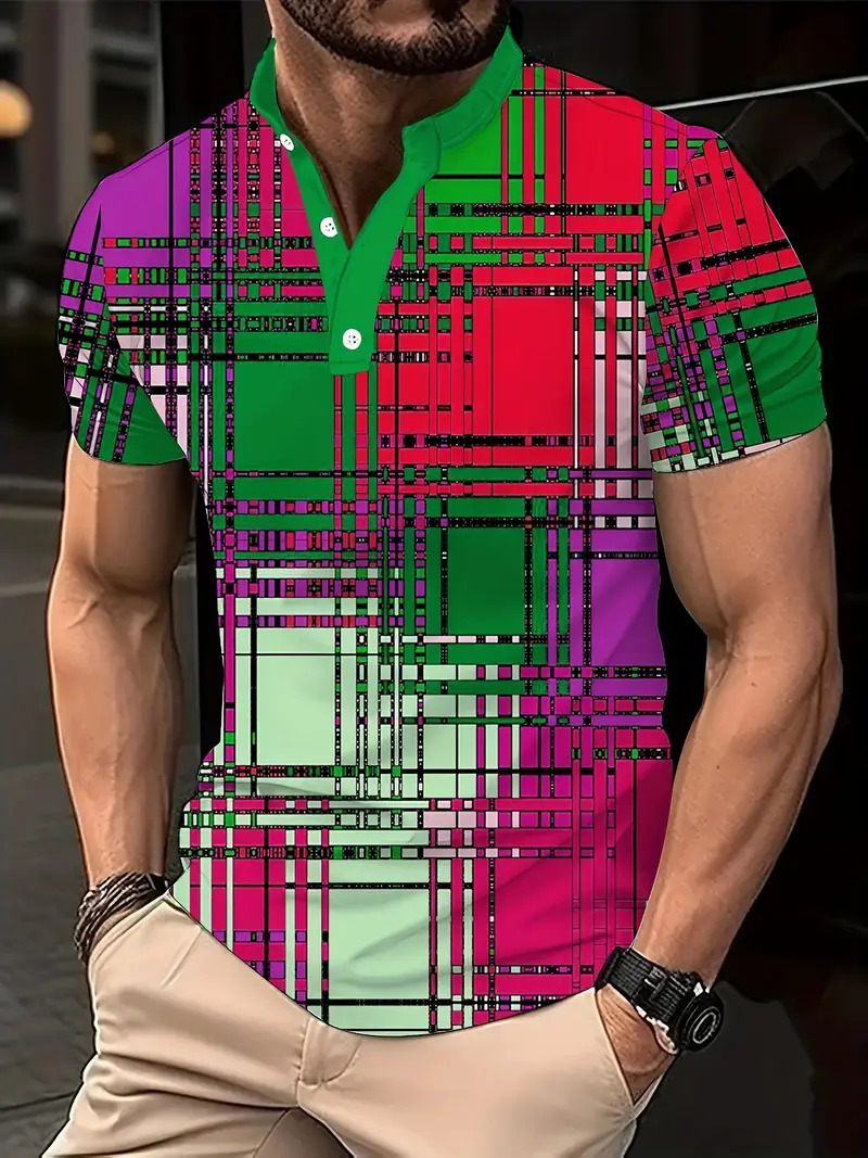 Nuevo estilo transfronterizo de verano 3d geométrico cubo estampado cuello alto botón de manga corta polo playa casual ME13