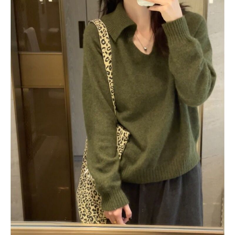 Olive Green Sweater for Women 2025 Autumn and Winter Lazy Style Relaxed Lapel V Neck Long-Sleeved Pullover Knitted Top