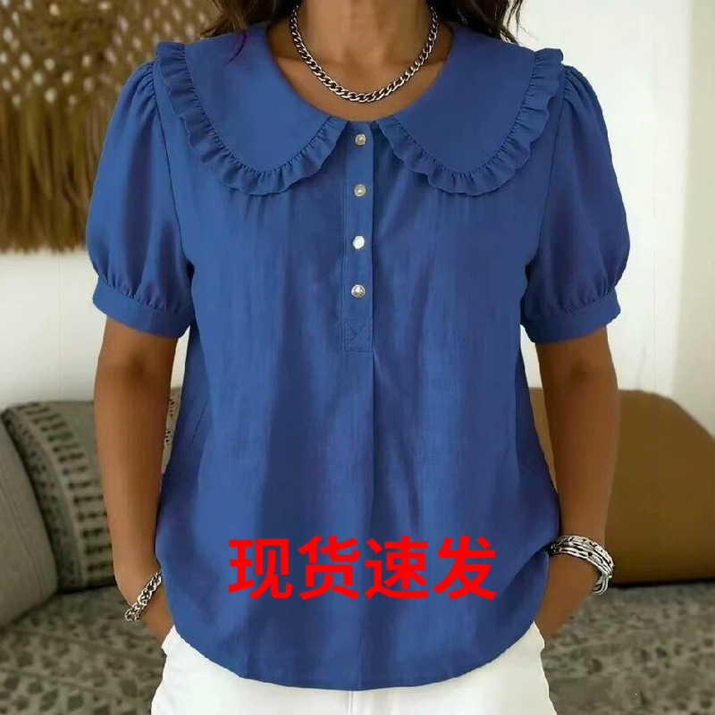 Aliexpress Independent Site Amazon European and American Cross-Border Summer New Product Solid Color Loose Mid-Sleeve Doll Collar Women's Top
