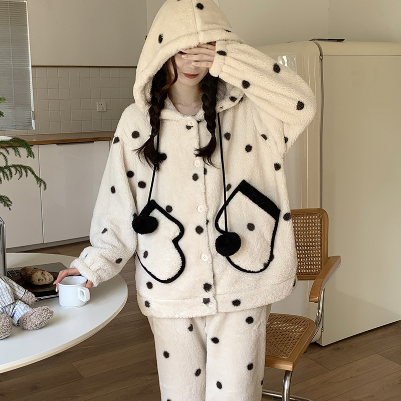 잠옷 여성의 가을과 겨울 새로운 산호 양털 카디건 두꺼운 따뜻한 귀여운 잠옷 외부 가정 세트 여성 슬리브 착용