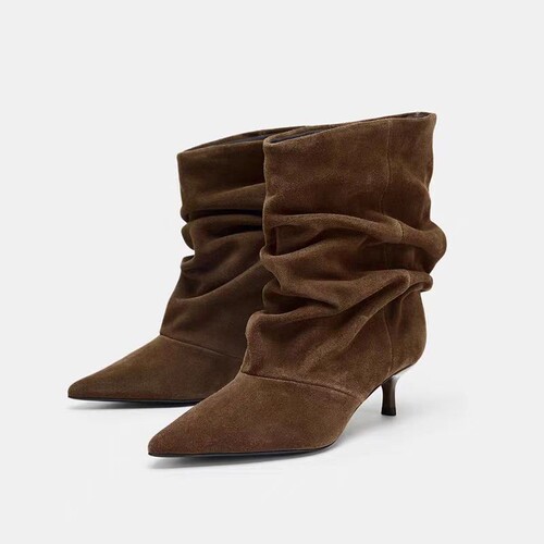 Autumn New Arrival Women's Shoes, Faux Suede Crepe Pointed-toe Cat Heel Short Blocky Brown Pointed-toe Crepe Short