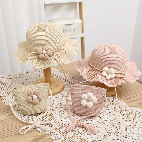 Children's hats, women's summer fisherman hats, straw hats, bags, two-piece set, stylish and cute flower sun protection and sunshade sun hats
