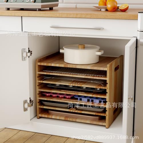 Solid Wood Kitchen Countertop Storage Rack Cabinet Multi-Layer Tableware Organizer Tray Divider Baking Pan Lid Storage Rack