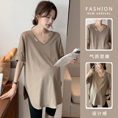 シンプルファッション妊婦夏服新作純色vネック半袖tシャツ