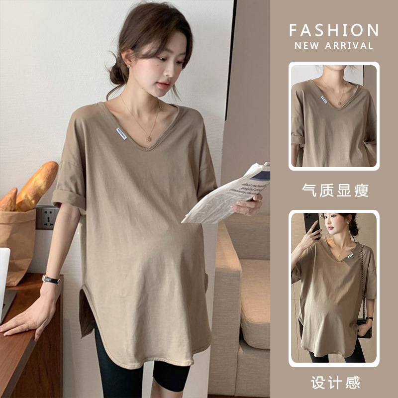 Simple Fashion Pregnant Women Summer New Solid Color V-neck Short-sleeved T-shirt Pregnant Mom Mid-length Top Loose Base Shirt Women Simple Fashion Pregnant Women Summer New Solid Color V-neck Short-sleeved T-shirt Pregnant Mom Mid-length Top Loose Base Shirt Women