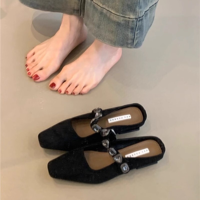 In-Stock Instant Delivery, Niche Design Half-Slippers, New French-Style Elegant Rhinestone Square-Toe Slip-On Mules