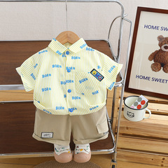 2024新款夏季男童襯衫字母印花短袖休閒棉質五分褲兩件套廠家批發
