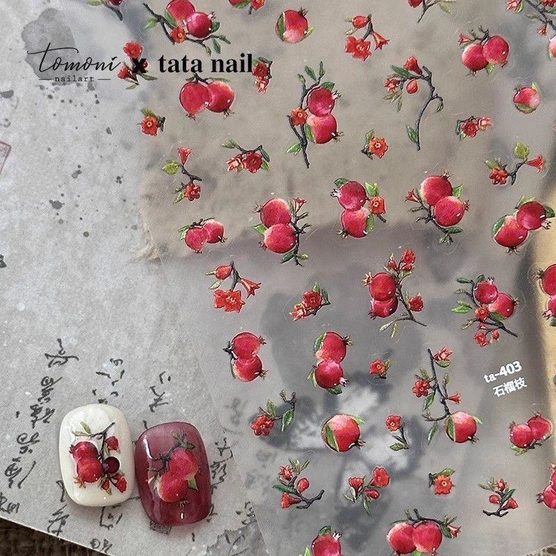 2025 New High-Value Three-Dimensional Adhesive Embossed Nail Art Stickers DIY Chinese Style Nail Stickers Pomegranate Branch Decoration