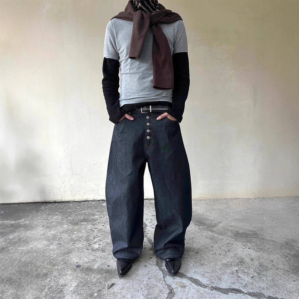 Europa y Estados Unidos transfronterizos retro estilo americano alta tendencia de la calle botones personales jeans de color sólido casual pantalones de piernas largas