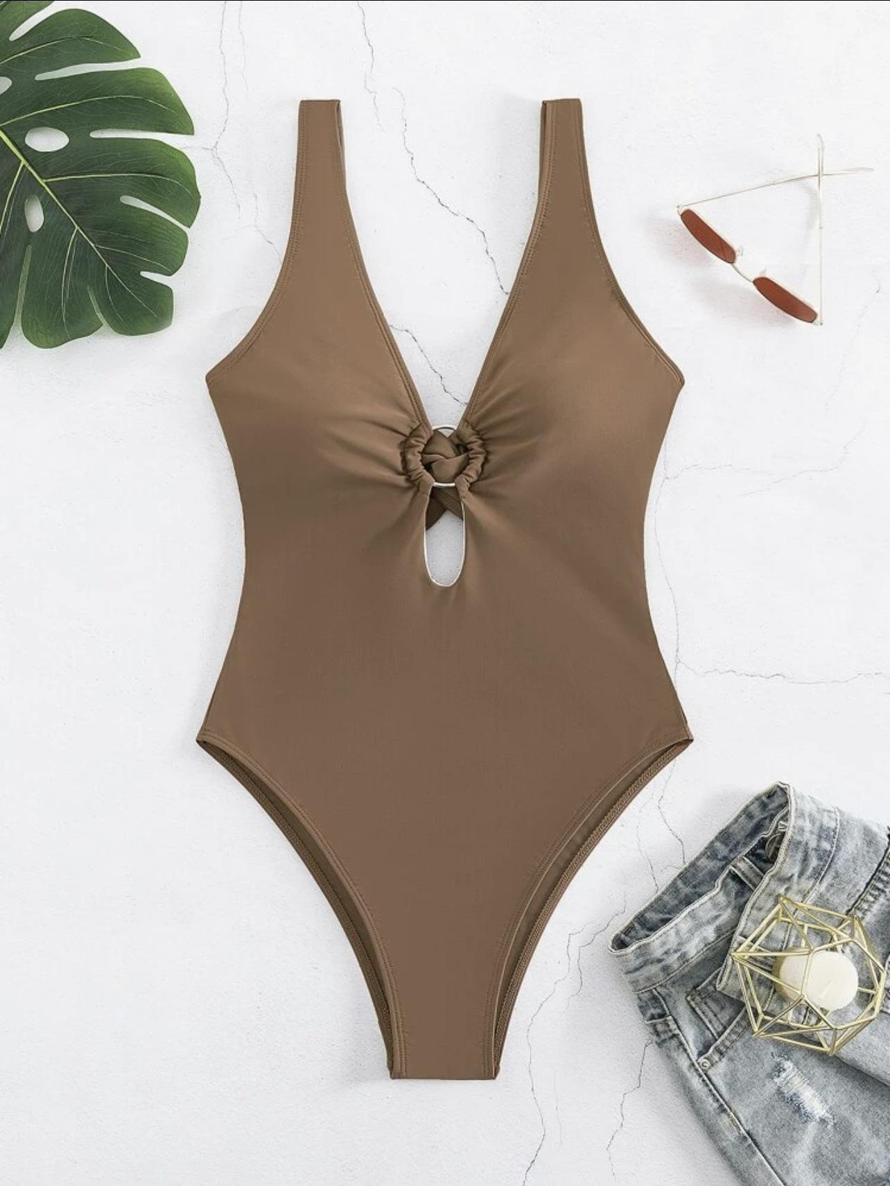 182g Weight Sleeveless Sleeve Length Spandex, Polyester Fabric Type Short Top Length One-pieces Tops Type Holiday Occasion V Neck Neckline Comfort Function Regular Fit Fit Type Solid Color Pattern Women's Gender Beach, Simple Style Style Women's Beach Simple Style Solid Color One Piece Swimwear 2