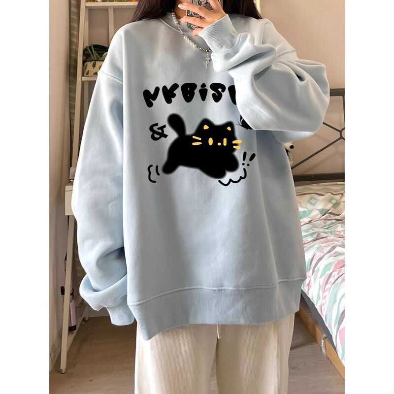 in stock Cross-border Taiwan Cartoon Cat University T Long-sleeved Sweat Women's Autumn and Winter Top Bristles Thickened Explosions Women's Clothing