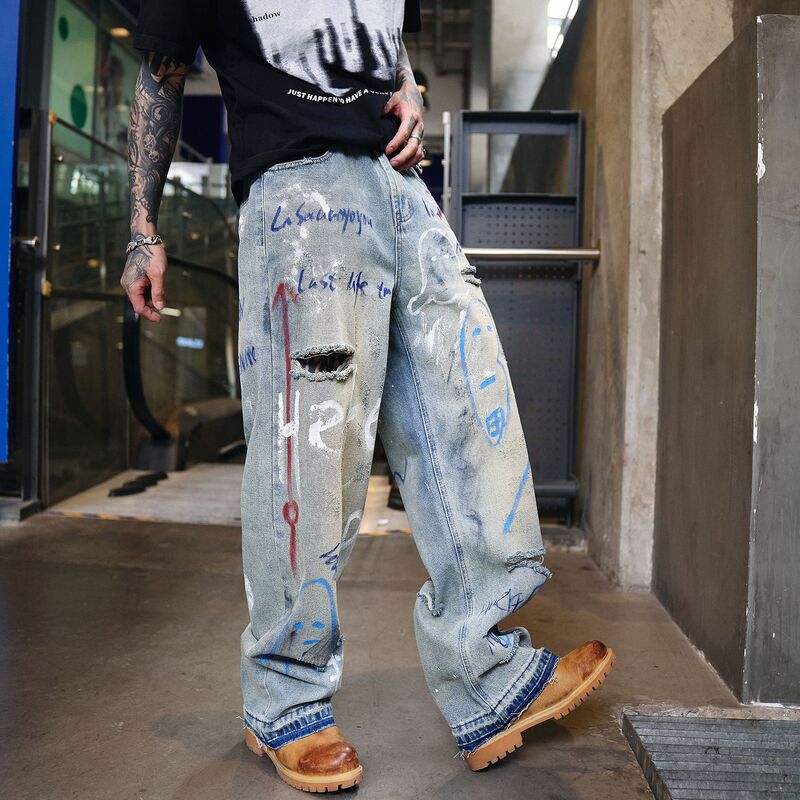 Distressed Graffiti Ripped Jeans for Men 2025 Summer American High Street Retro Casual Straight Wide Leg Pants for Men