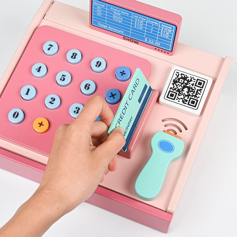De madera de los nuevos niños simulación de la caja registradora juego de rol supermercado escaneo tarjeta cepilladora jugar casa juguetes interactivos