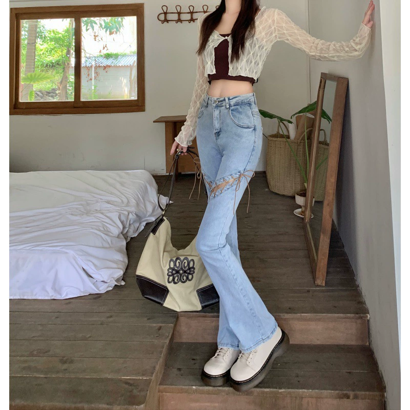 Реже цена!!! Джинсы Женская высокая талия Прямой ремень эластичные обтягивающие микро-рога длинные брюки