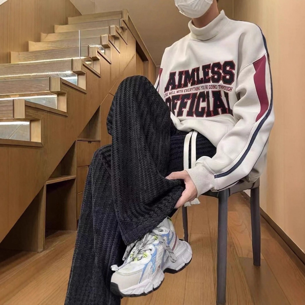 宽松直筒重磅条纹针织裤子男款秋冬季潮牌跨境美式休闲运动卫裤潮