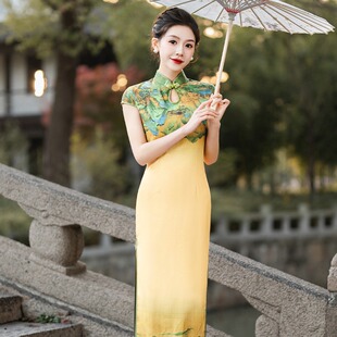 Etiquette cheongsam long summer and autumn catwalk stage performance dress banquet annual meeting performance cheongsam one-piece delivery
