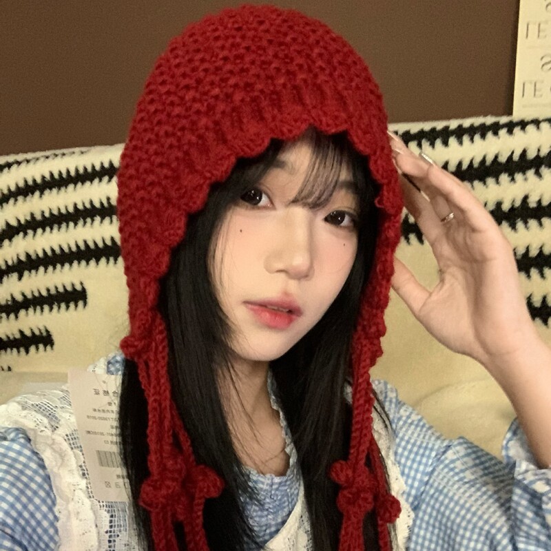 秋冬度假民族风流苏针织套头帽女保暖护耳毛线帽手工编织包头帽子|undefined