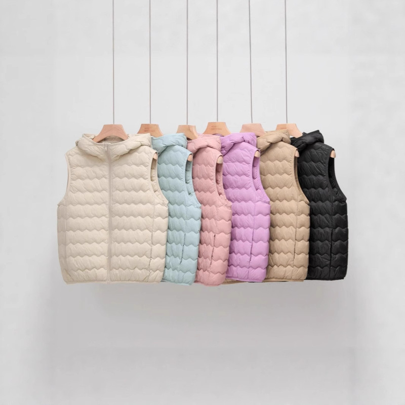 2025 Autumn/Winter New Lightweight Hooded Wave Quilted Winter Wear Portable 90 White Duck down Vest Winter Jacket