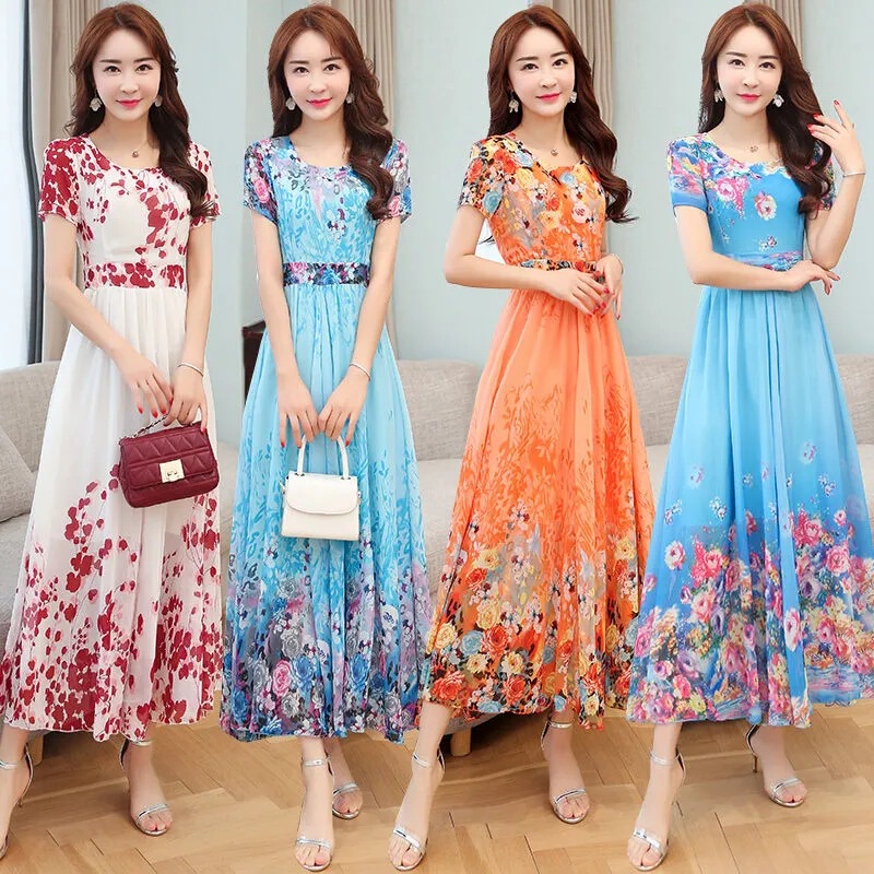 Foreign Trade Style 2024 Printing dress Temperament Slimming Age-reducing Large Swing Midi Dress Beach dress