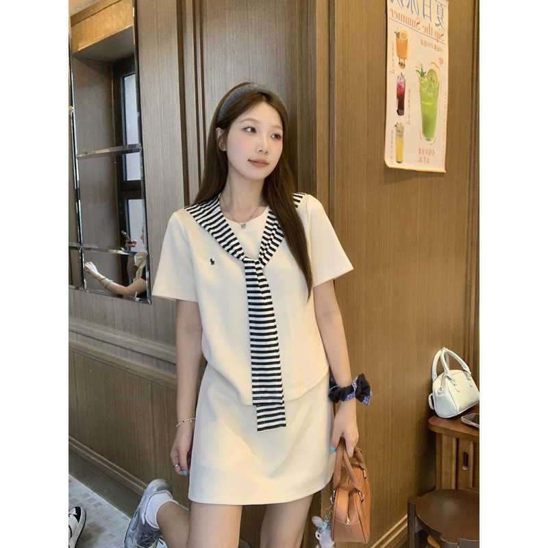 2025 夏の新スタイルファット mm プラスサイズの女性のファッション韓国ストライプショールカジュアル半袖スカートスーツ|undefined