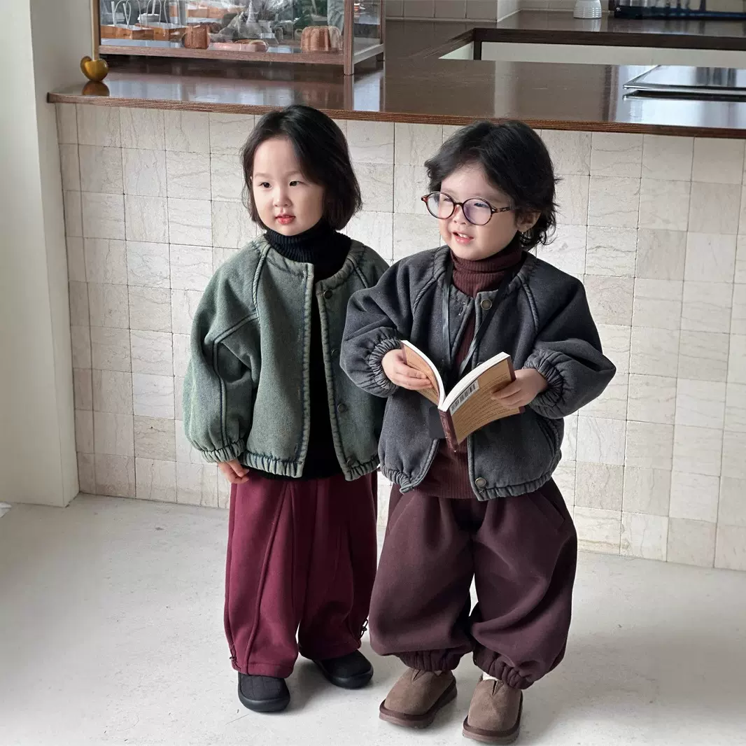 蒙田通知儿童复古牛仔外套男女童加厚长毛绒开始夹克中小童冬装