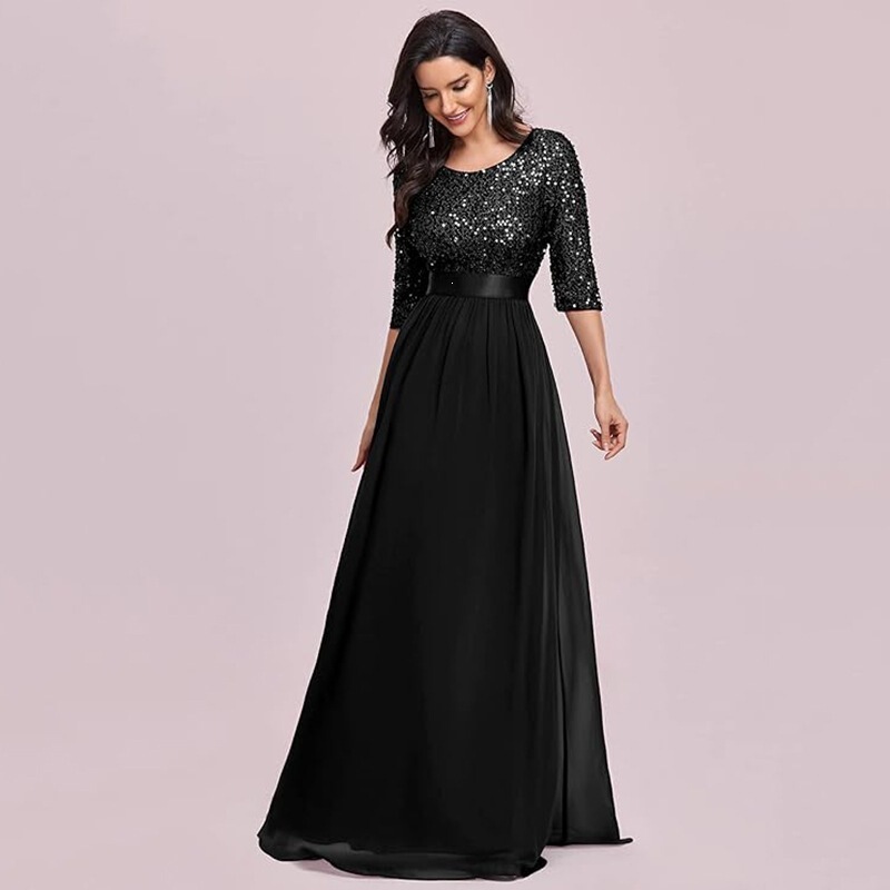 European and American evening dress, black sequined round-neck chiffon long dress, suitable for annual parties, hostess, or bridesmaid European and American evening dress, black sequined round-neck chiffon long dress, suitable for annual parties, hostess, or bridesmaid