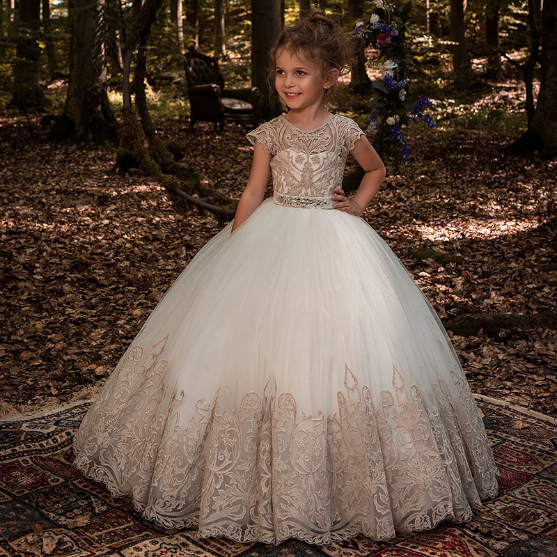 Robes de demoiselle d'honneur en dentelle pour enfants, robes de princesse bouffantes pour spectacles et anniversaires, robes de sol bouffantes pour petites filles (3-7 ans)_voghion.com