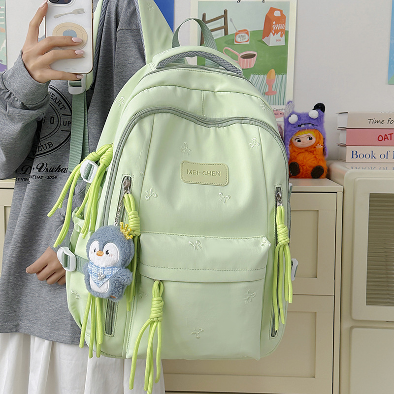 Versatile Solid-Color Backpack with Bowknot Embroidery, High Aesthetic Value, Lightweight and Large-Capacity School Bag for Middle School Students in College Style
