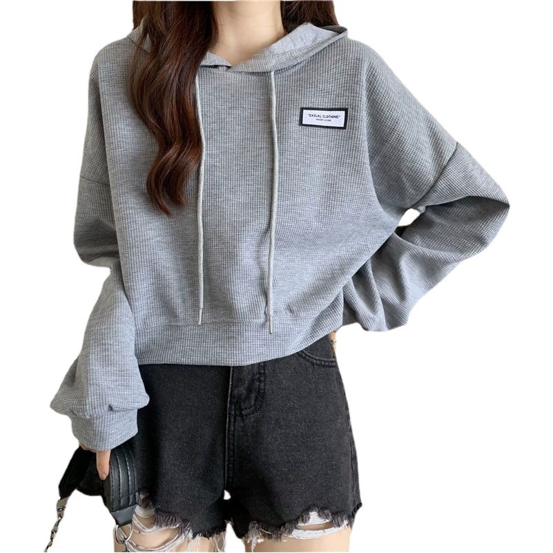 Весна и осень 2022, новый свободный вафельный свитер с капюшоном, женский дизайнерский нишевый маленький топ с короткими и длинными рукавами