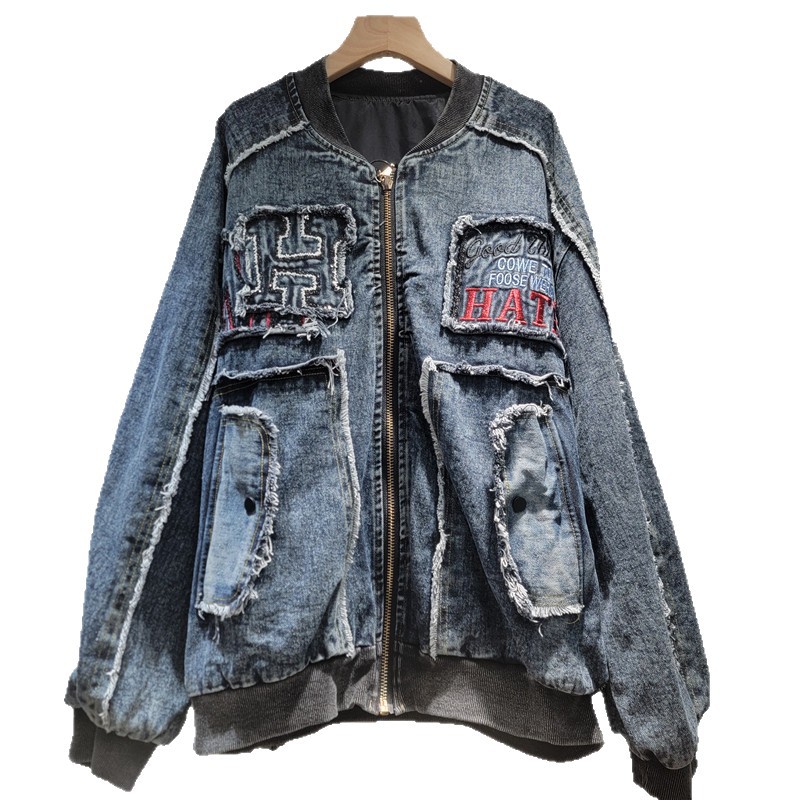 Pequeña industria de dibujos animados bordados denim chaqueta de empalme para mujeres 2025 otoño suelto casual chaqueta versátil superior