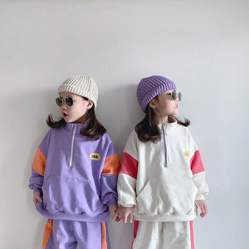 Korean style children's clothing autumn clothing for boys and girls sweatshirt set baby sports sweatpants two-piece set retro color matching school uniform