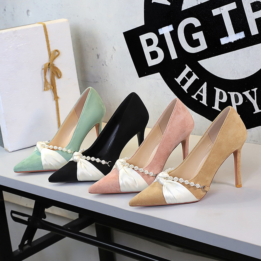 3391-18 French style elegant socialite pearl chain bow pointed shallow mouth fashionable suede fine follow-up shoes for women