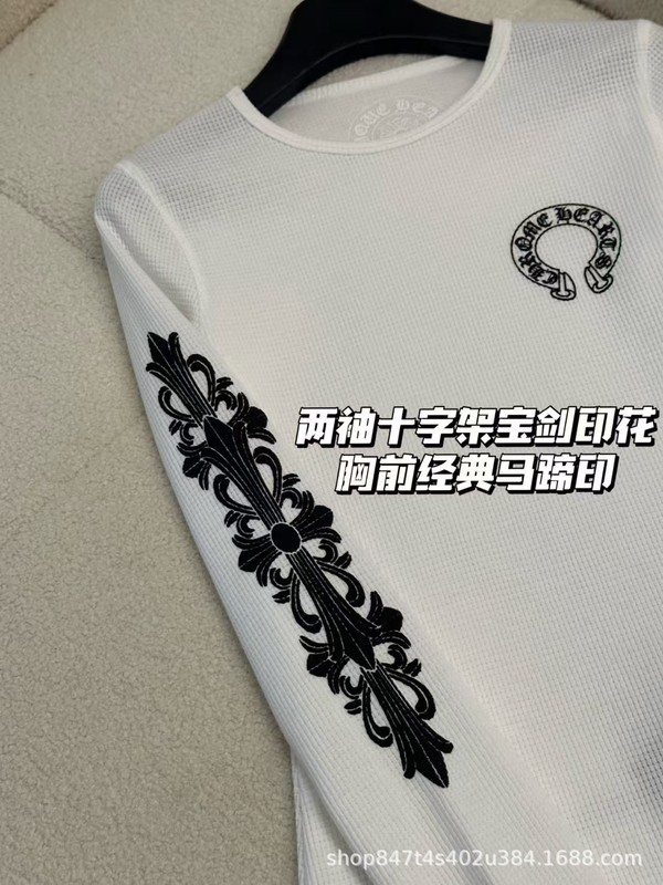 25ss潮牌正确版CH克罗*新款华夫格马蹄印花臂印花男女同款长袖T桖|undefined