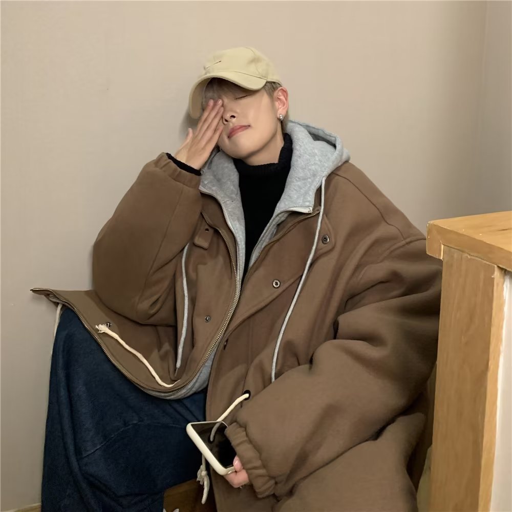 Abrigo de lana con capucha ropa de invierno para hombres nuevo abrigo casual suelto grueso estilo de Hong Kong marca de moda hermosa gabardina de longitud media