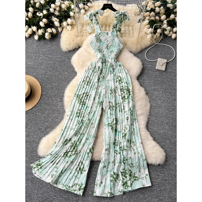 European and American Travel Vacation Wear Pants Women's Summer Stretch Pleated Waist Floral Sling Wide-leg Long Pants