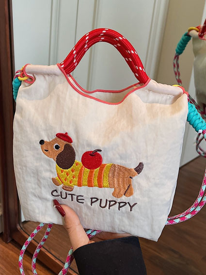 日系刺繍かわいいソーセージ犬バケツバッグ女性2025夏の新型携帯バッグ通勤シングルショルダーバッグ|undefined