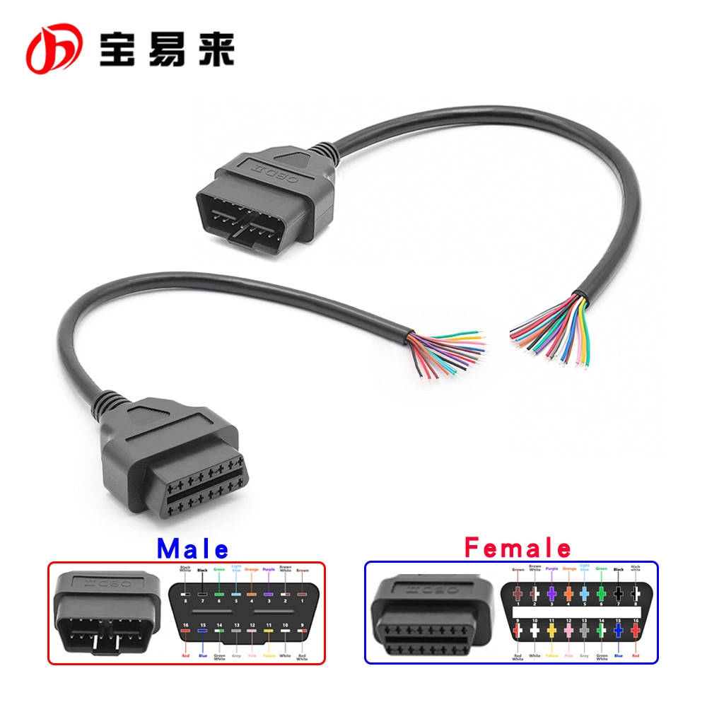 16-цветная линия OBD, штекер и женская головка, линия открытия 30 см, гнездо для цветного оголенного провода