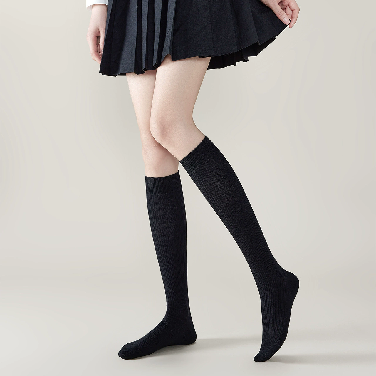 Black demi-season white knee socks, fitted