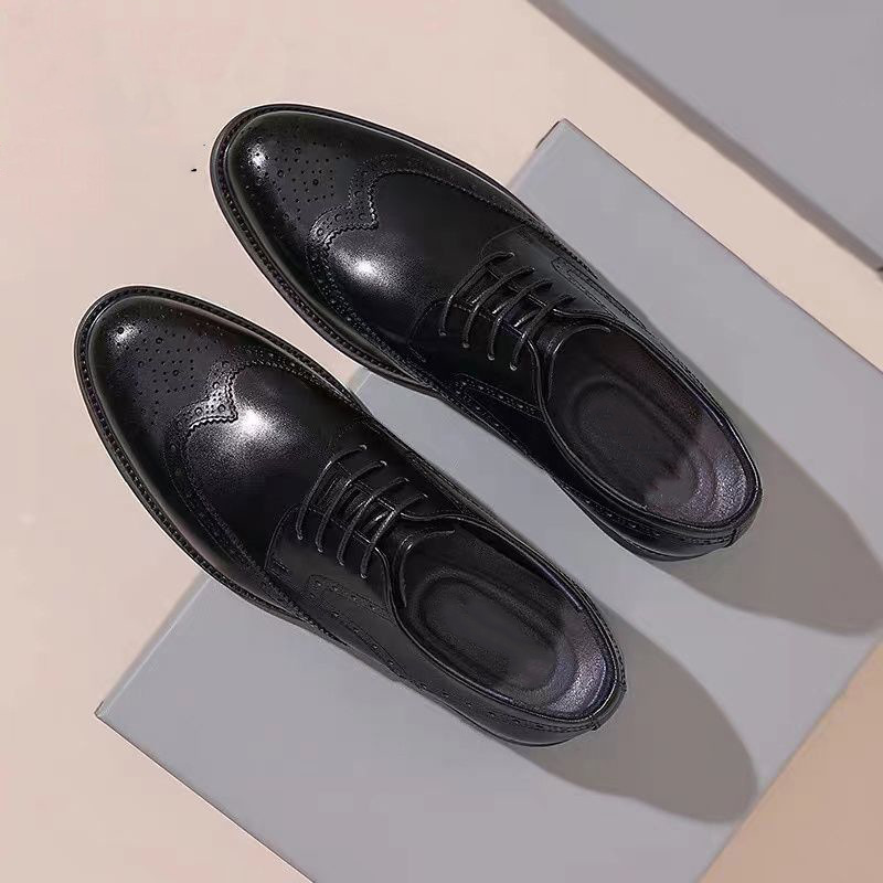 Brogue Leather Shoes Men's Genuine Leather Carved Business Formal Derby Shoes Men's Soft Sole Heightening British Groom's Wedding Shoes