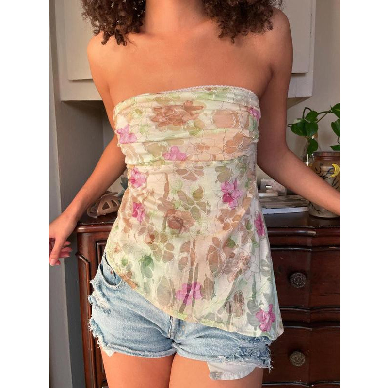 跨境Women's Floral Print Tube Top without Bottom Y2k Fashion|ru